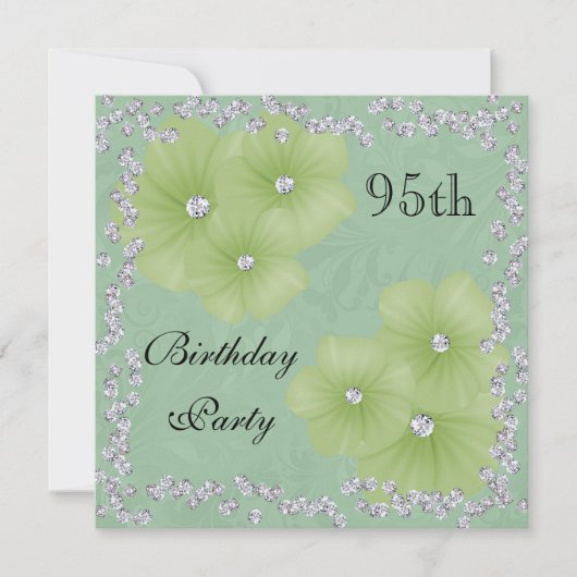 Invitation Damassé vert & Fleurs 95e Anniversaire (Devant)