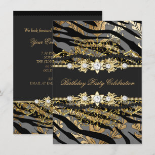 Invitation Damassé Zèbre Or Noir Feuille Beige Élégant Soirée