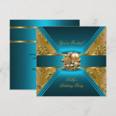 Invitation damassée bleu sarcelle or pour fête d'a (Devant / Derrière)