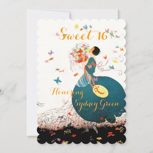 INVITATION DAME AU BOUQUET DE FLEURS ET PAPILLONS SWEET 16 (Devant)