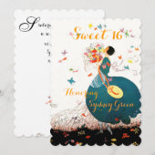INVITATION DAME AVEC BOUQUET DE FLEURS ET PAPILLONS SWEET 16 (Devant / Derrière)