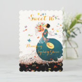INVITATION DAME AVEC BOUQUET DE FLEURS ET PAPILLONS SWEET 16 (Debout devant)