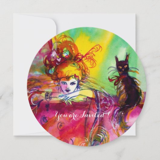 Invitation DAME AVEC CHAT NOIR / Mardi Gras Fête Masquée (Devant)