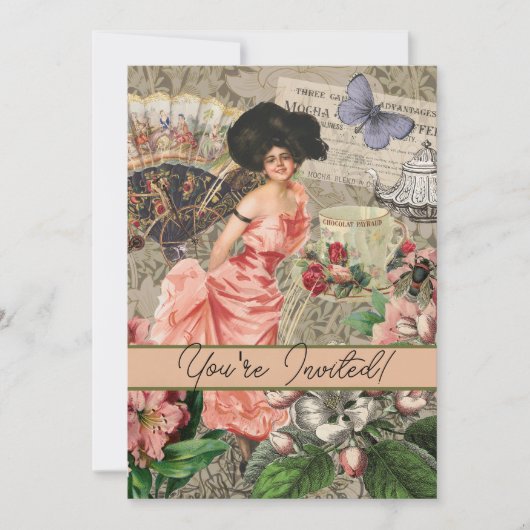 Invitation Dame de café femme victorienne rose riche robe (Devant)
