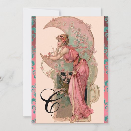 INVITATION DAME DE LUNE, FLEURS, ROSES, DAMAS MONOGRAMME ROSE (Devant)