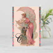 INVITATION DAME DE LUNE, FLEURS, ROSES, DAMAS MONOGRAMME ROSE (Debout devant)