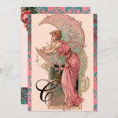 INVITATION DAME DE LUNE, FLEURS, ROSES, DAMAS MONOGRAMME ROSE (Devant / Derrière)