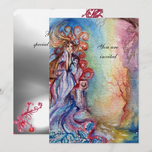 Invitation DAME DU LAC , bleu vibrant vif gemme rose lune (Devant / Derrière)