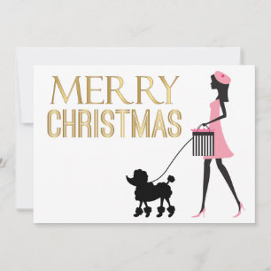 Invitation Dame vintage en rose chien noir caniche Joyeux Noë