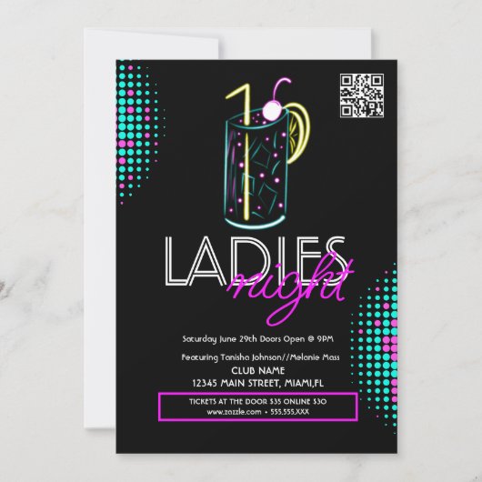 Invitation Dames Night Club Cocktail Boire Neon Flyer (Devant)