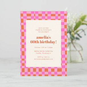 Invitation Damier Rétro Rose Orange 60ème Soixantième Anniver