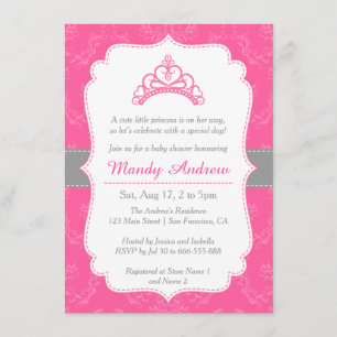 Invitation Damier Rose, Couronne de Princesse, Baby Shower Fi