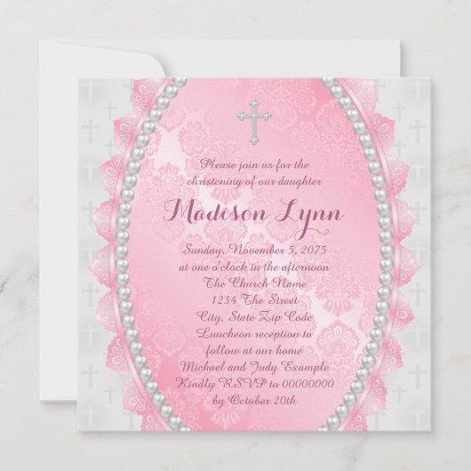 Invitation Damier rose et rose baptême (Devant)