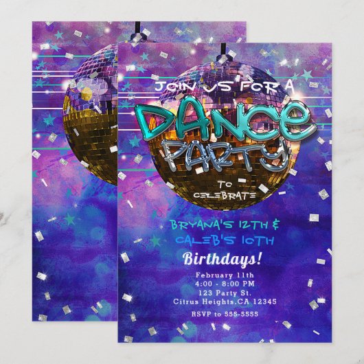 Invitation Dance Party Disco Ball Purple Cool Anniversaire (Devant / Derrière)