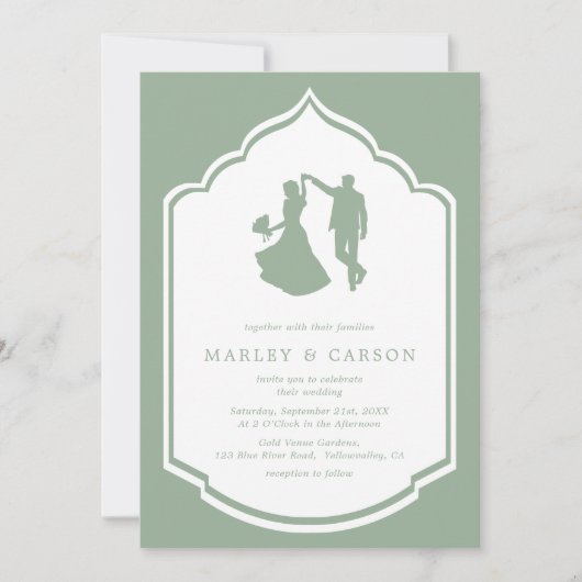 Invitation Dancing Couple Illustration Sage Mariage vert (Devant)