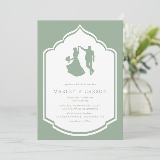 Invitation Dancing Couple Illustration Sage Mariage vert (Debout devant)