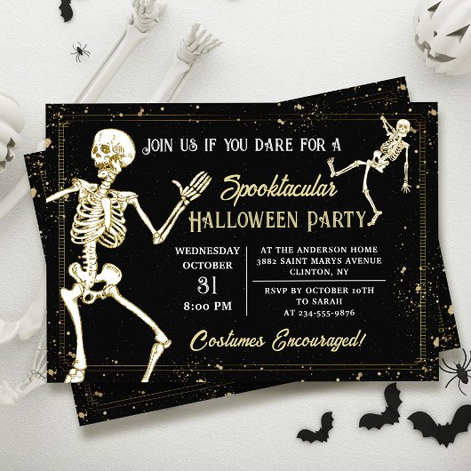 Invitation Dancing Skeleton Black Gold Halloween Party