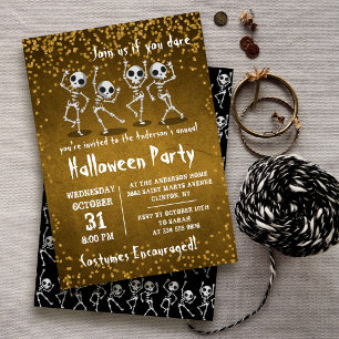Invitation Dancing Skeleton Gold Parties scintillant Hallowee