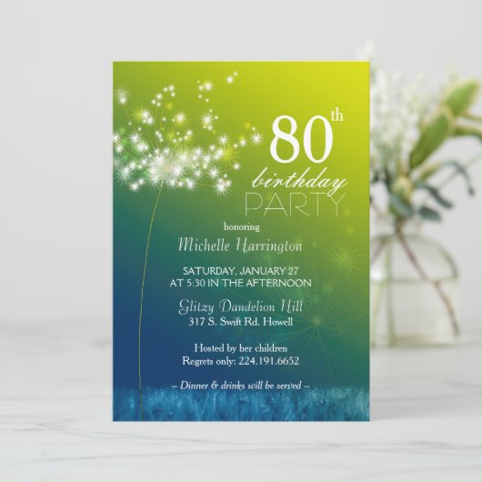 Invitation Dandelion bijoux 80e fête d'anniversaire (Debout devant)