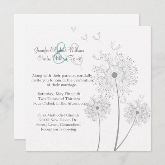 Invitation Dandelion blanc et gris (Devant / Derrière)