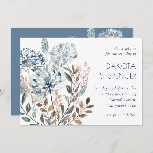 Invitation Dandelion Floral | Dusty Blue Garden Muet Mariage (Devant / Derrière)