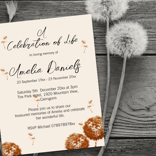 Invitation Dandelion Seeds Celebration of Life Card