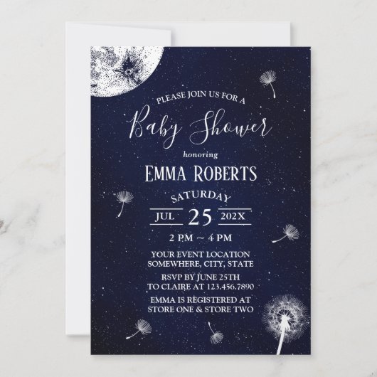 Invitation Dandelion soufflant Starry Baby shower de nuit (Devant)