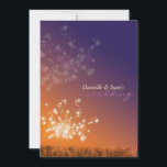 Invitation Dandelions couché de soleil Mariage floral<br><div class="desc">Illustration poétique des pandelions scintillants dans le champ du coucher du soleil (combinaison de couleurs orange et violet) sur invitation de mariage formelle personnalisée. Personnalisez les cartes d'invitation avec votre propre texte pour un MARIAGE WHIMSICAL TWILIGHT | SOIRÉE ROMANTIQUE MARIAGE DE JARDIN ou ORANGE & PURPLE COULOR SCHEME MARIAGE! (Vous...</div>