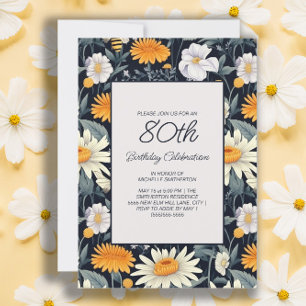 Invitation Dandelions Daisies Marine Bleu Adulte 80e annivers