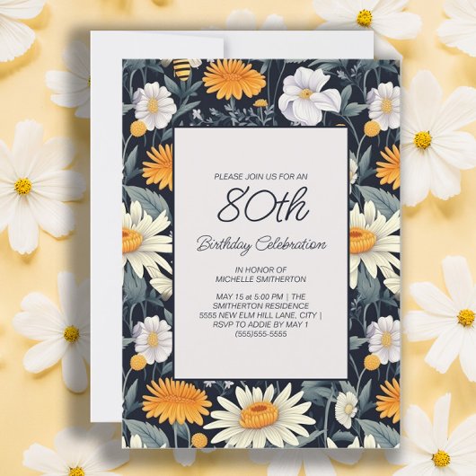 Invitation Dandelions Daisies Marine Bleu Adulte 80e annivers