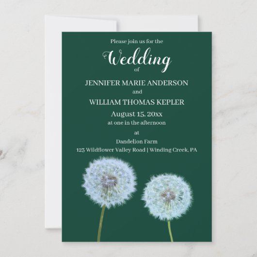 Invitation Dandelions Dandelion Horloges Mariage vert foncé (Devant)