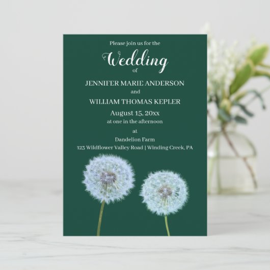 Invitation Dandelions Dandelion Horloges Mariage vert foncé (Debout devant)
