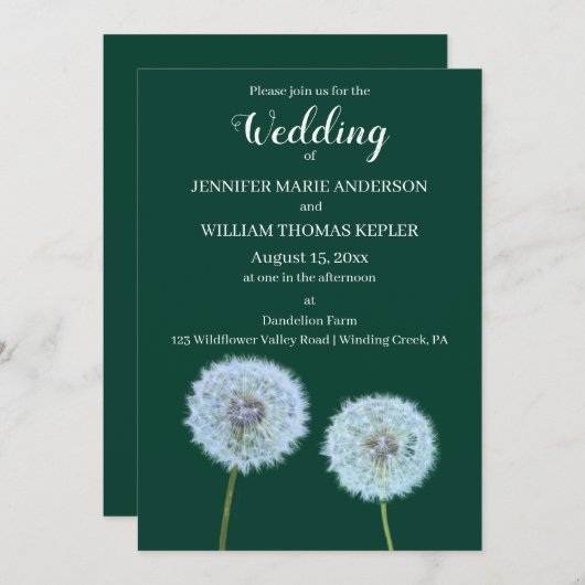 Invitation Dandelions Dandelion Horloges Mariage vert foncé (Devant / Derrière)