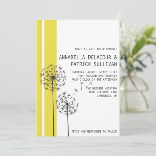 Invitation Dandelions rétro minimaliste jaune Mariage (Debout devant)
