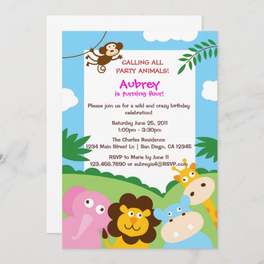 Invitation d'animaux de jungle (Devant / Derrière)