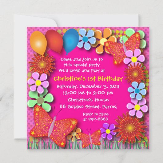 Invitation d'anniversaire : 003C Papillons et fleu (Devant)