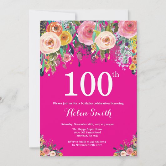 Invitation d'anniversaire 100 ans à fleurs rose ch (Devant)