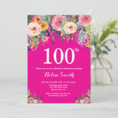 Invitation d'anniversaire 100 ans à fleurs rose ch (Debout devant)