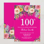 Invitation d'anniversaire 100 ans à fleurs rose ch (Devant / Derrière)