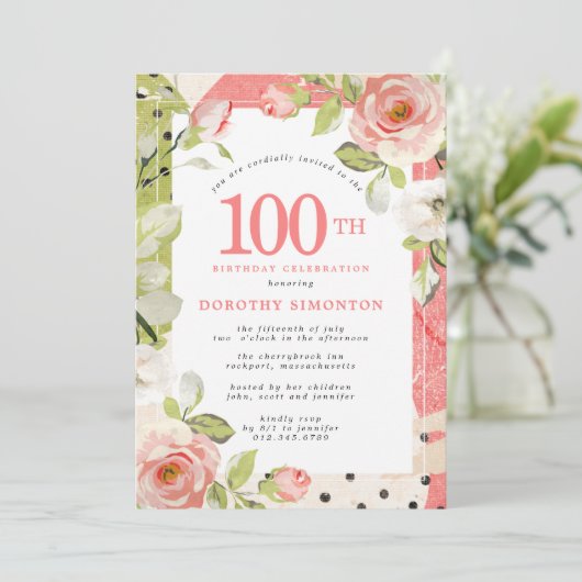 Invitation d'anniversaire 100 ans à fleurs roses e (Debout devant)