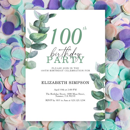 Invitation d'anniversaire 100 ans à l'aquarelle eu