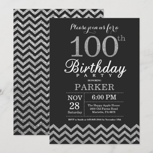Invitation d'anniversaire 100 ans avec paillettes (Devant / Derrière)