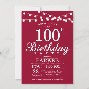 Invitation d'anniversaire 100 ans Bordeaux Rouge