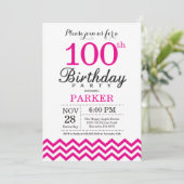 Invitation d'anniversaire 100 ans Chevron rose cha (Debout devant)