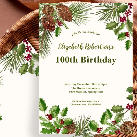 Invitation d'anniversaire 100 ans Elégante Verdure