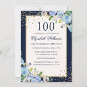 Invitation d'anniversaire 100 ans fleur bleu or sc (Devant)