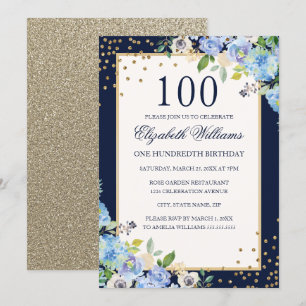 Invitation d'anniversaire 100 ans fleur bleu or sc