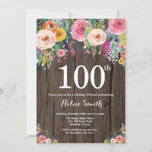Invitation d'anniversaire 100 ans Floral Rustique