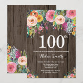 Invitation d'anniversaire 100 ans Floral Rustique (Devant / Derrière)
