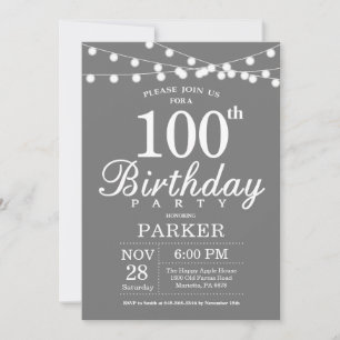 Invitation d'anniversaire 100 ans Gris et Blanc
